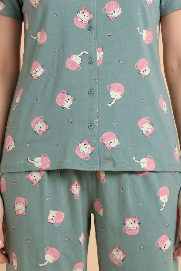Zivame Farm Lore Knit Cotton Pyjama Set - Iceberg Green — image 5